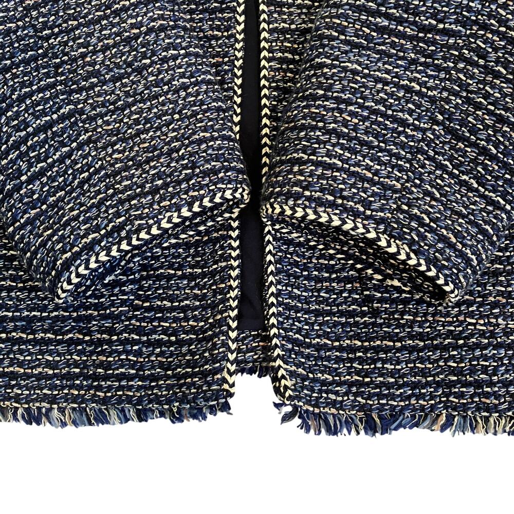 Talbots Sz 12Petite Airy Tweed Woven Jacket Open Front Fringe Trim Navy Classic - Picture 14 of 16